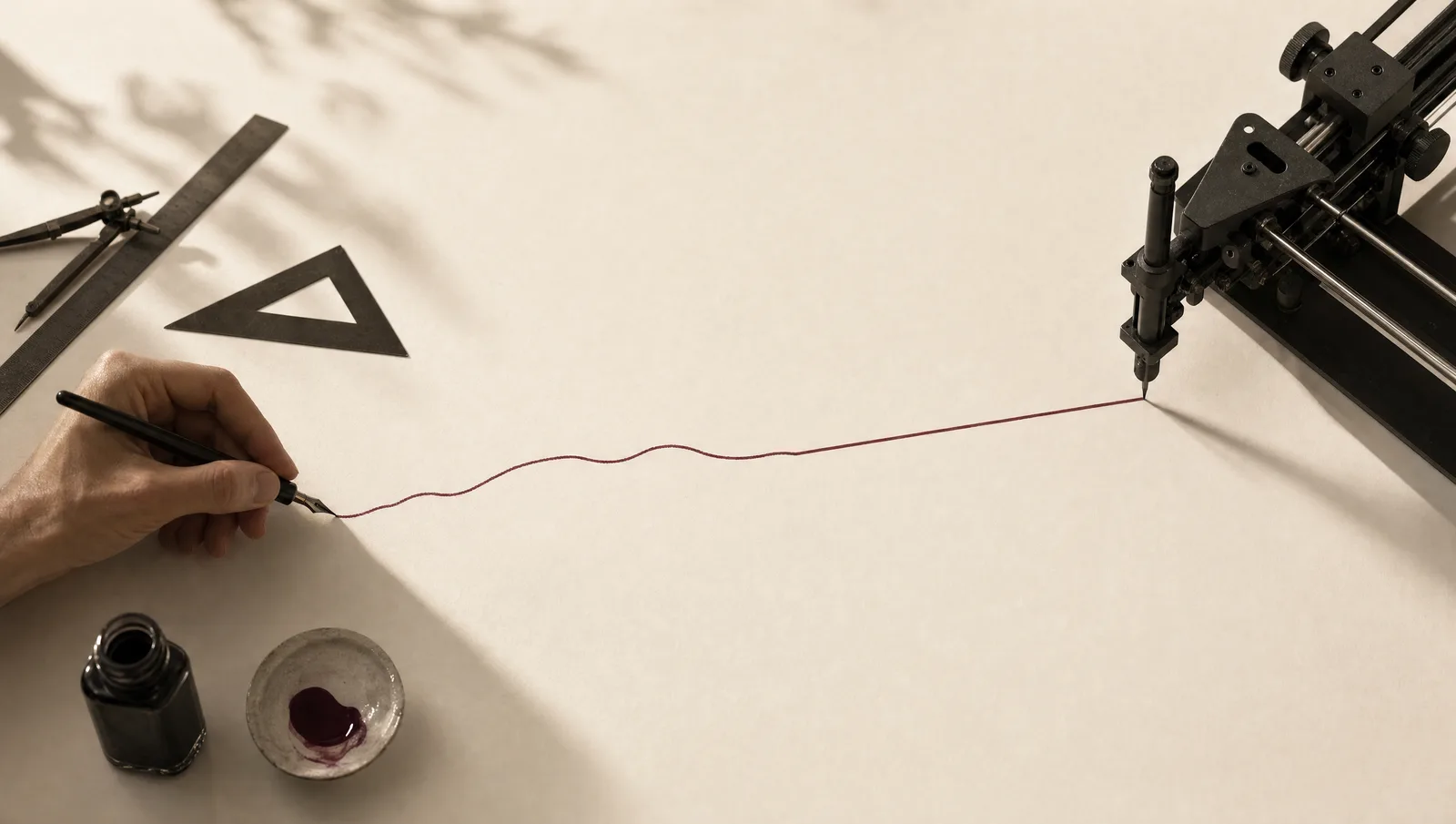 Illustration abstraite : une ligne tracée à la main et une ligne machinale qui convergent en un seul trait