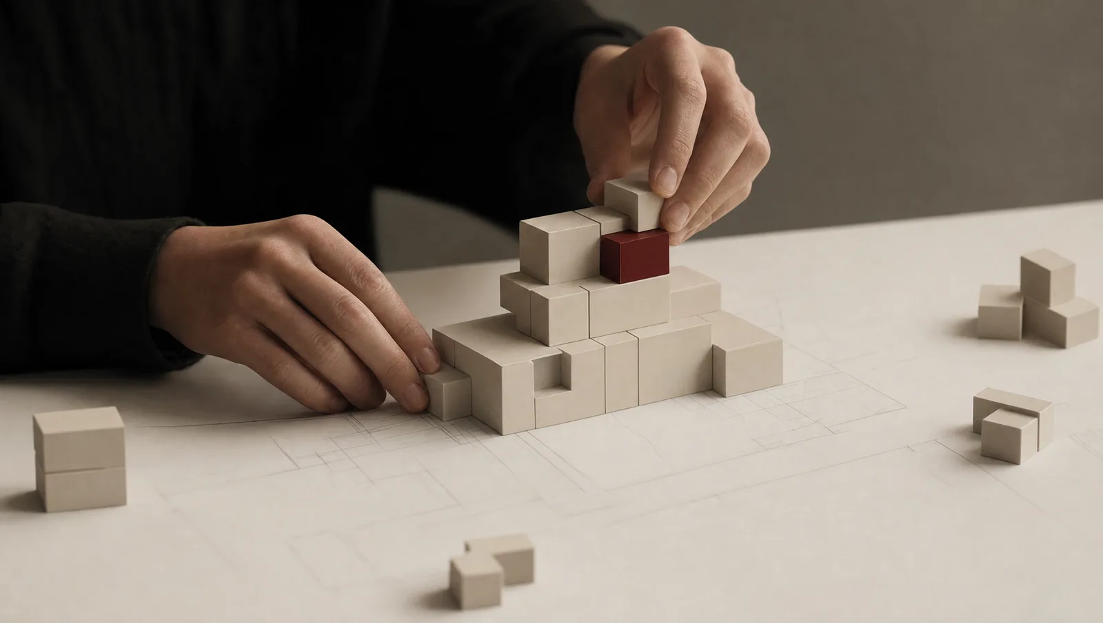 Illustration abstraite : des blocs modulaires isométriques en cours d'assemblage, l'un bourgogne