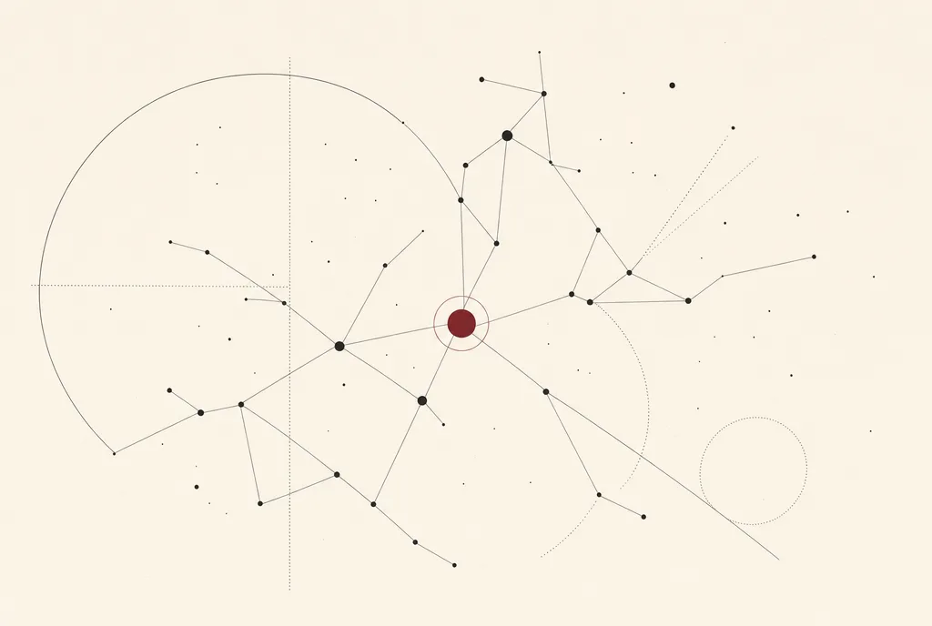 Illustration abstraite : une constellation de nœuds reliés par des filets, l'un rempli de bourgogne