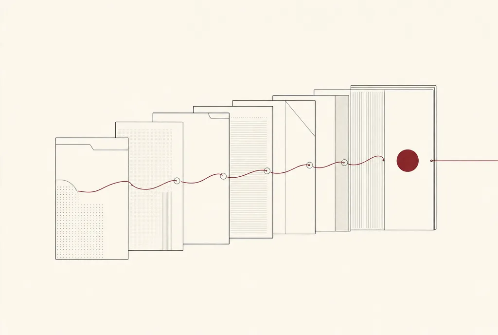 Illustration abstraite : des plans de dossiers qui s'alignent, reliés par un fil bourgogne