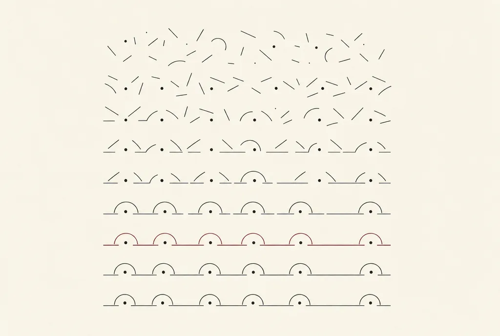 Illustration abstraite : des traits épars qui se rangent en lignes de formulaire, l'une soulignée de bourgogne