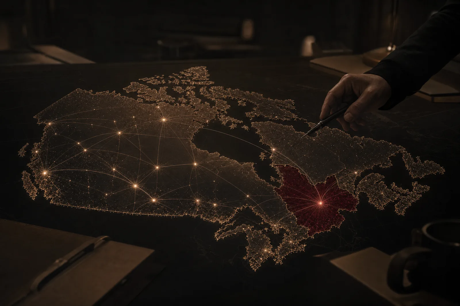 Illustration abstraite : une carte nocturne de balises reliées en réseau, un foyer luisant chaudement