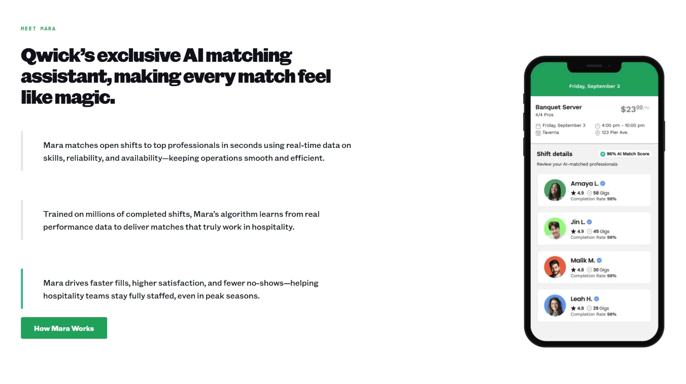 Le site Qwick — pages d'une plateforme de dotation en hôtellerie